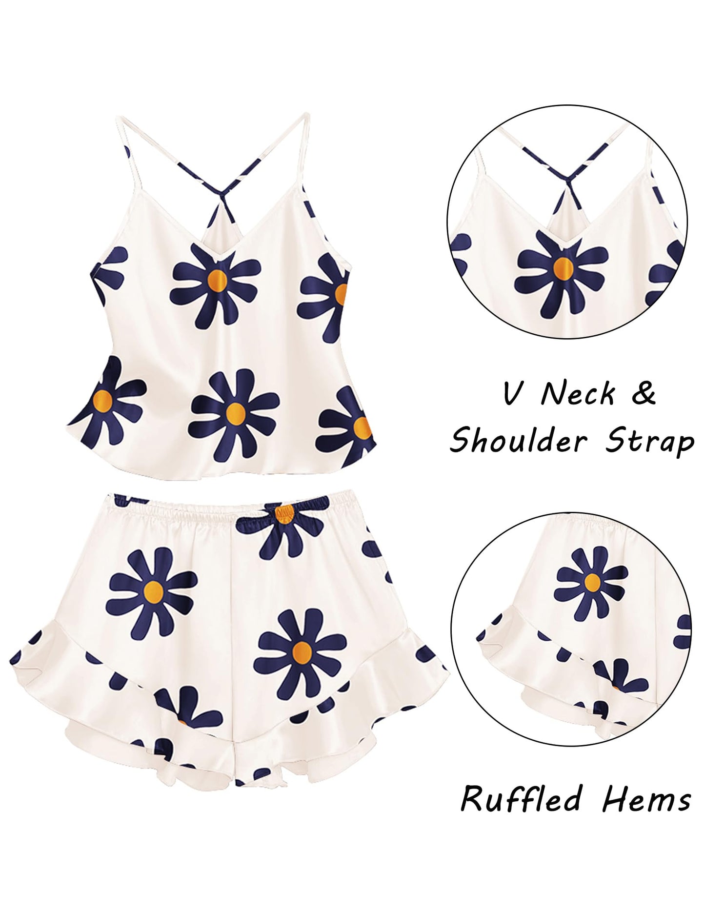 Ekouaer Satin Pajama Set for Women 2 Piece Camisole Top and Shorts Silk Lingerie with Ruffle Floral Nightwear