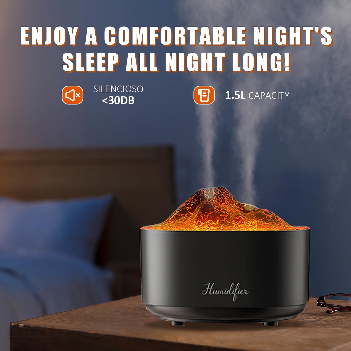 Humidifier for Bedroom,1.5L Volcano Essential Oil Diffuser,Air Diffuser with Premium Flame Lights Dual Nozzle Design, Auto Shut-Off USB Desk Humidifier, Ultra-Silent for Bedroom Travel Office.