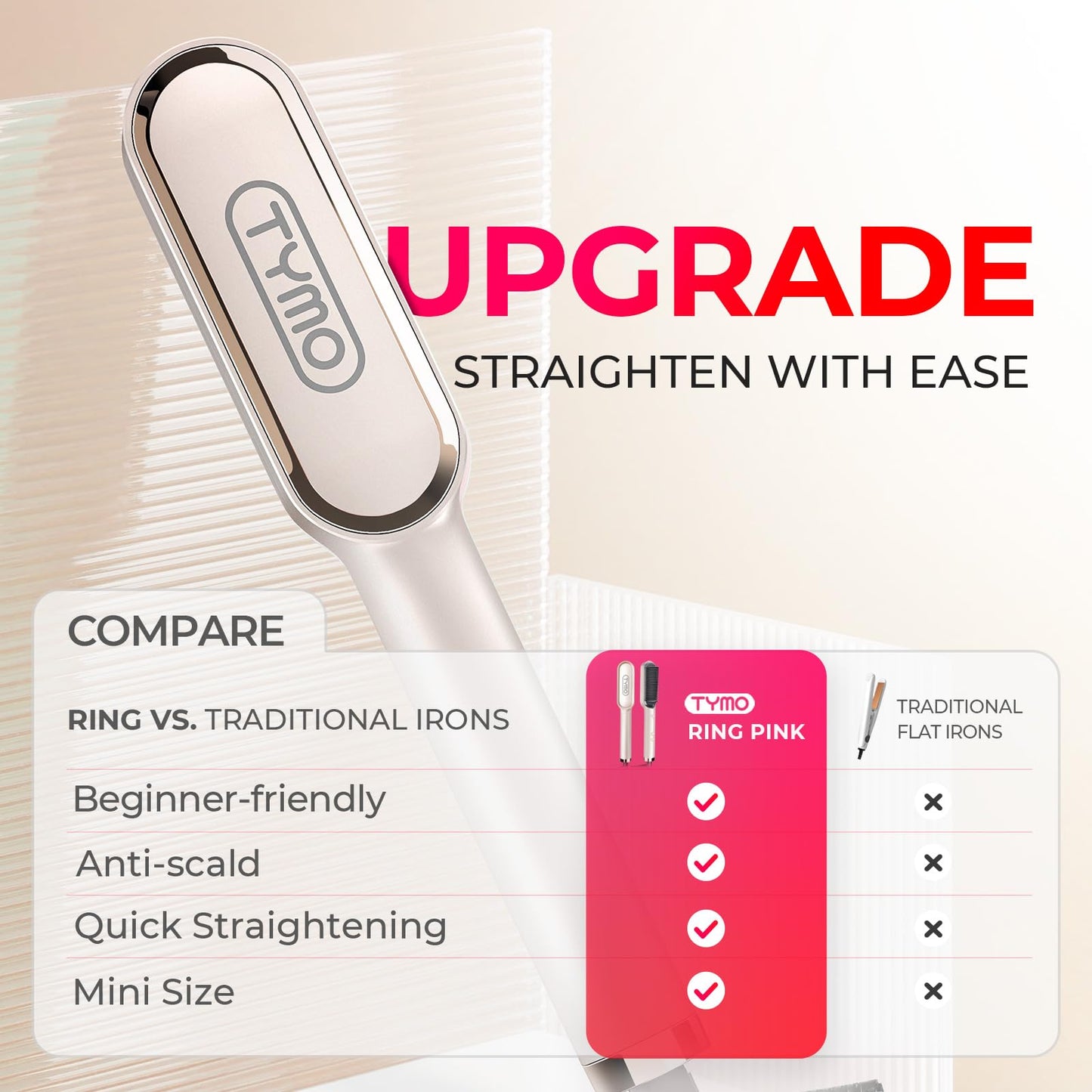 Hair Straightener Brush, TYMO Ring Hair Straightener Comb Straightening Brush for Women with 5 Temps 20s Fast Heating & Dual Voltage, Gold