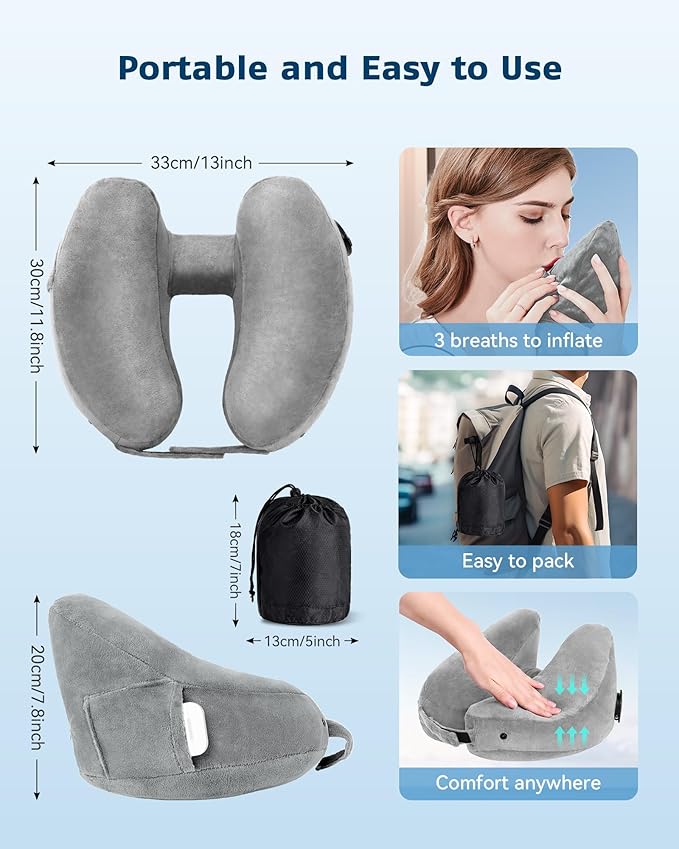 Travel Pillow Inflatable Neck Pillow Airplane Pillow with Velvet Cover Inflatable Pillow for Car/Train/Plane (Grey, M)