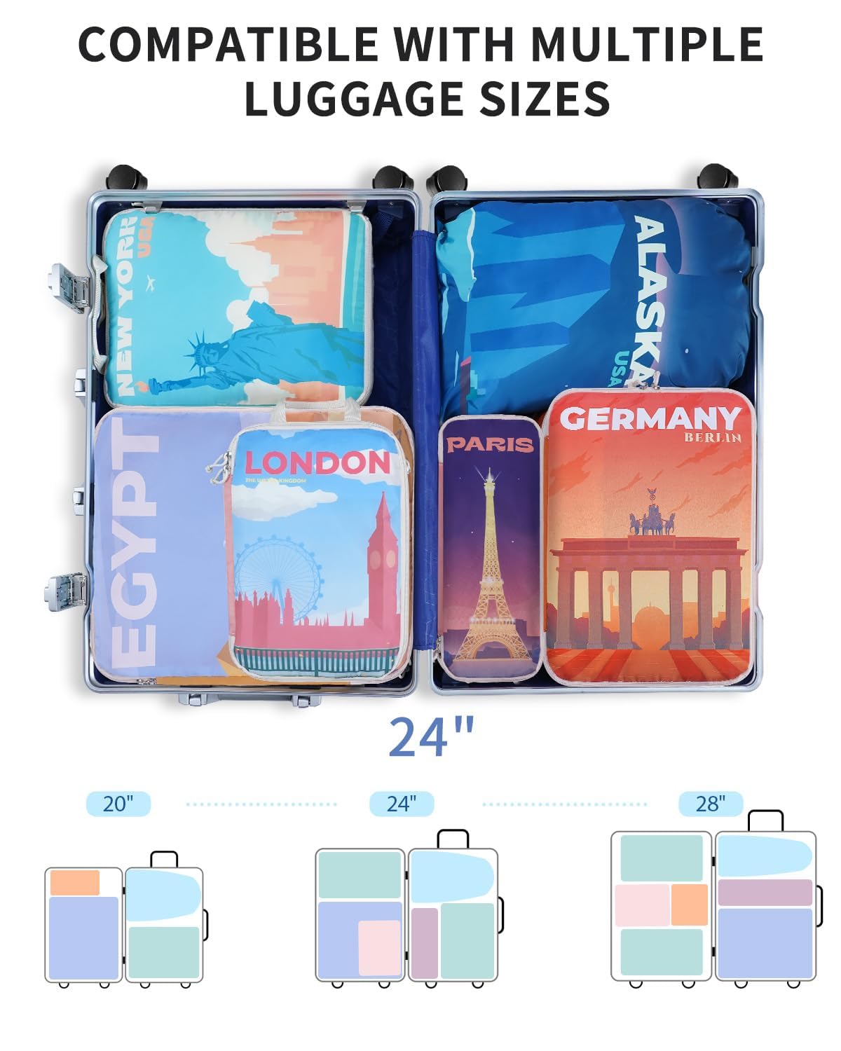 Ceneda 7 Set Compression Packing Cubes for Travel, Expandable Luggage Organizer with Shoe & Laundry Bags, Lightweight Suitcase Packing Cubes for Women & Family, Carry-On, Cruise, Vacation (City Print)