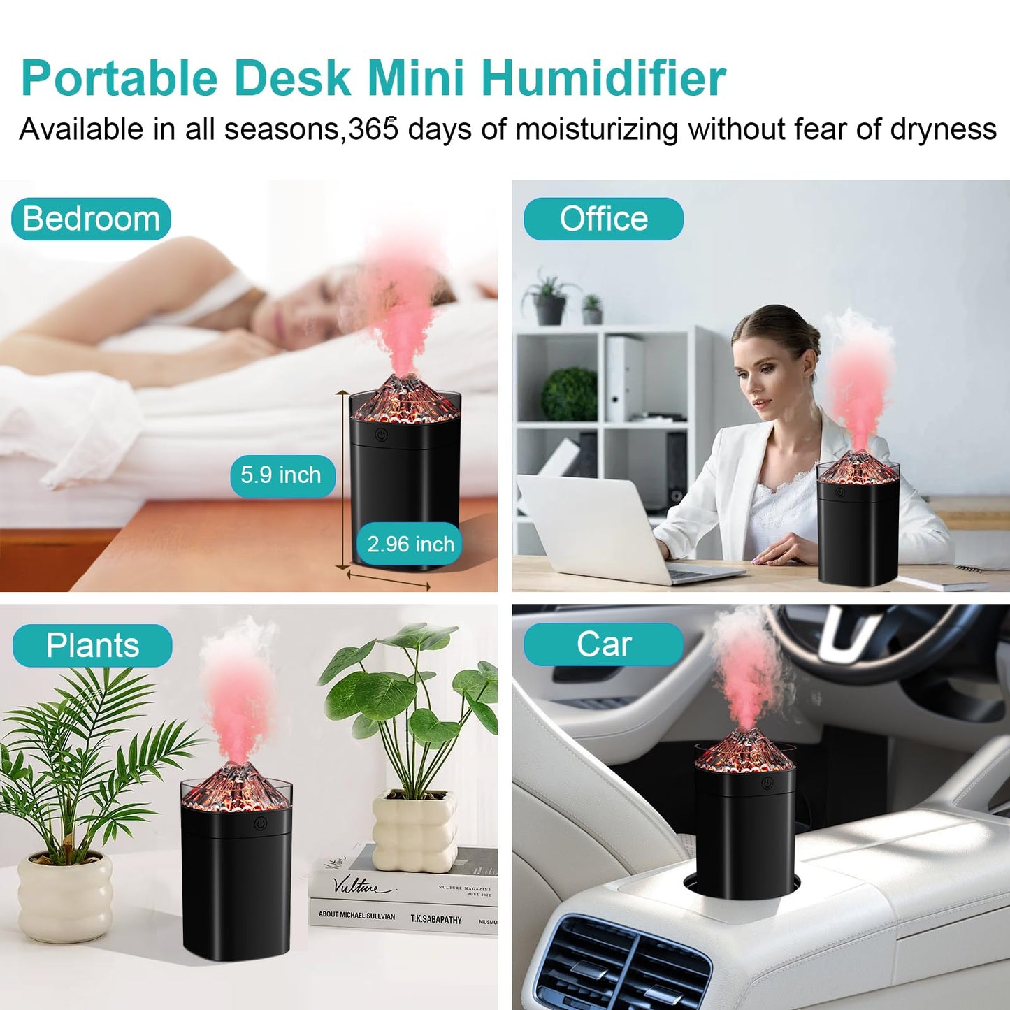 Portable Mini Humidifier, 400ml Small Humidifier with 2 Modes Large Spray, USB Personal Desktop Humidifiers for Home Bedroom Car Office Travel Yoga with 7 Color LED Light, Auto-Off, Bass Work(Black)