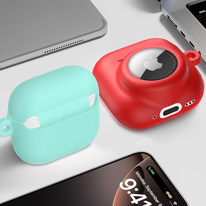 2 in 1 Silicone Case Compatible with AirPod 4 and AirTag, Shockproof Protective Skin Cover for AirPods 4th Generation with Cleaner Kit & Carabiner (Red)