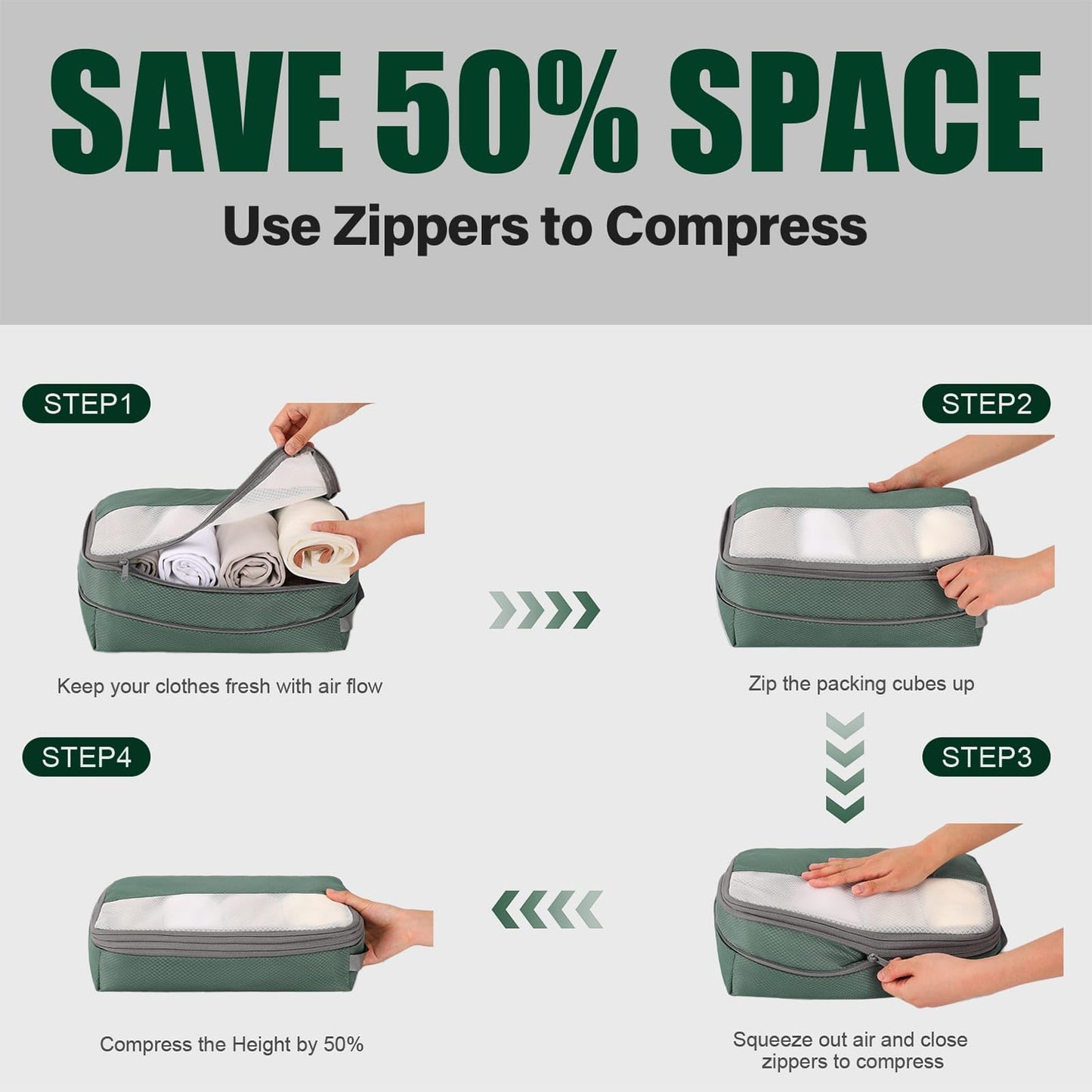 Kookoomia 6 Set Compression Packing Cubes for Travel, Bonus Versatile Drawstring Backpack, Lightweight Luggage Organizer Bags, Sturdy Travel Accessories for Suitcase, Dark Green