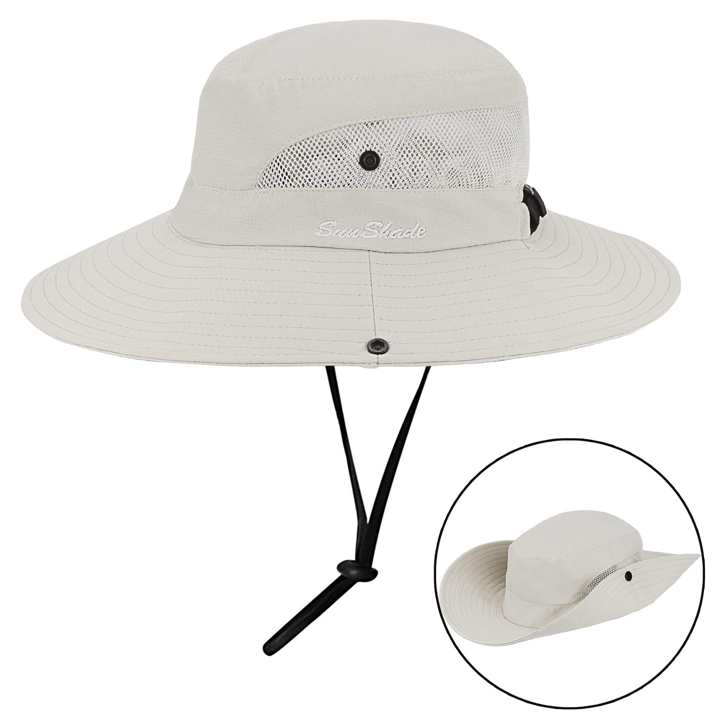 Women's Outdoor UV-Protection-Foldable Sun-Hats Mesh Wide-Brim Beach Fishing Hat with Ponytail-Hole Beige