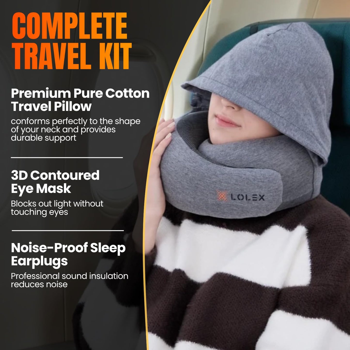 LOLEX™ Hooded Pro Travel Pillow - Memory Foam Neck Support Pillow for Airplane, Flight - Super-Soft Pure Cotton Fabric, Maximum Privacy & Light-Block Design, Lightweight Full Travel Kit - Dark Grey