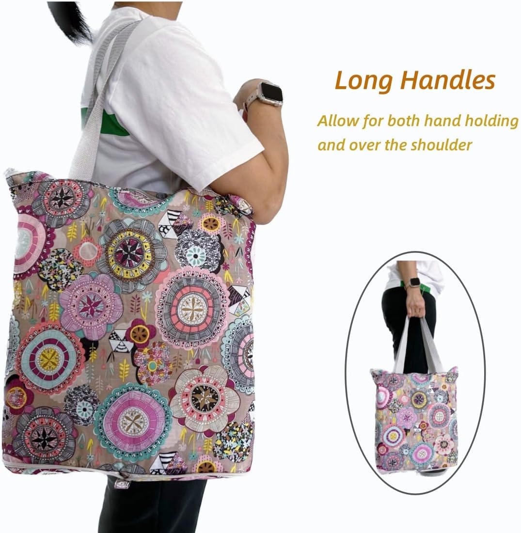Konish Reusable Foldable Grocery Bags Folding Shopping Tote with Zipper(Grey Floral)
