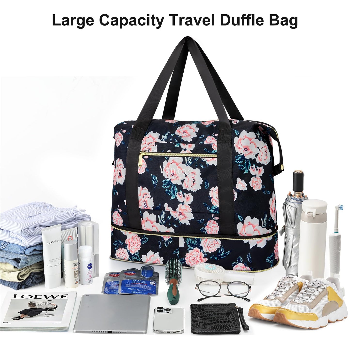 Vankor Expandable Travel Duffle Bag for Travel, Foldable Carry on Tote Bag Lightweight Weekender Overnight Hosptital Bag for Men Women Black Floral