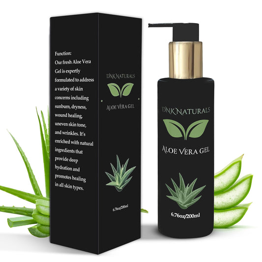 DNK Naturals Aloe Vera Gel made from fresh 100% Pure Aloe - Sunburn Relief - Calms Irritated Skin - Hydrates - With Niacinamide - For Face, Body, and Hair - Vegan, No Fragrance - 200ml