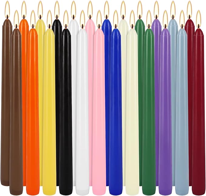24 Pack 10" Tall Colored Taper Candles, Dripless Unscented Colorful Candlesticks for Birthdays Dinner Party Home Décor, Long Burning Spell Chime Candles for Meditation.