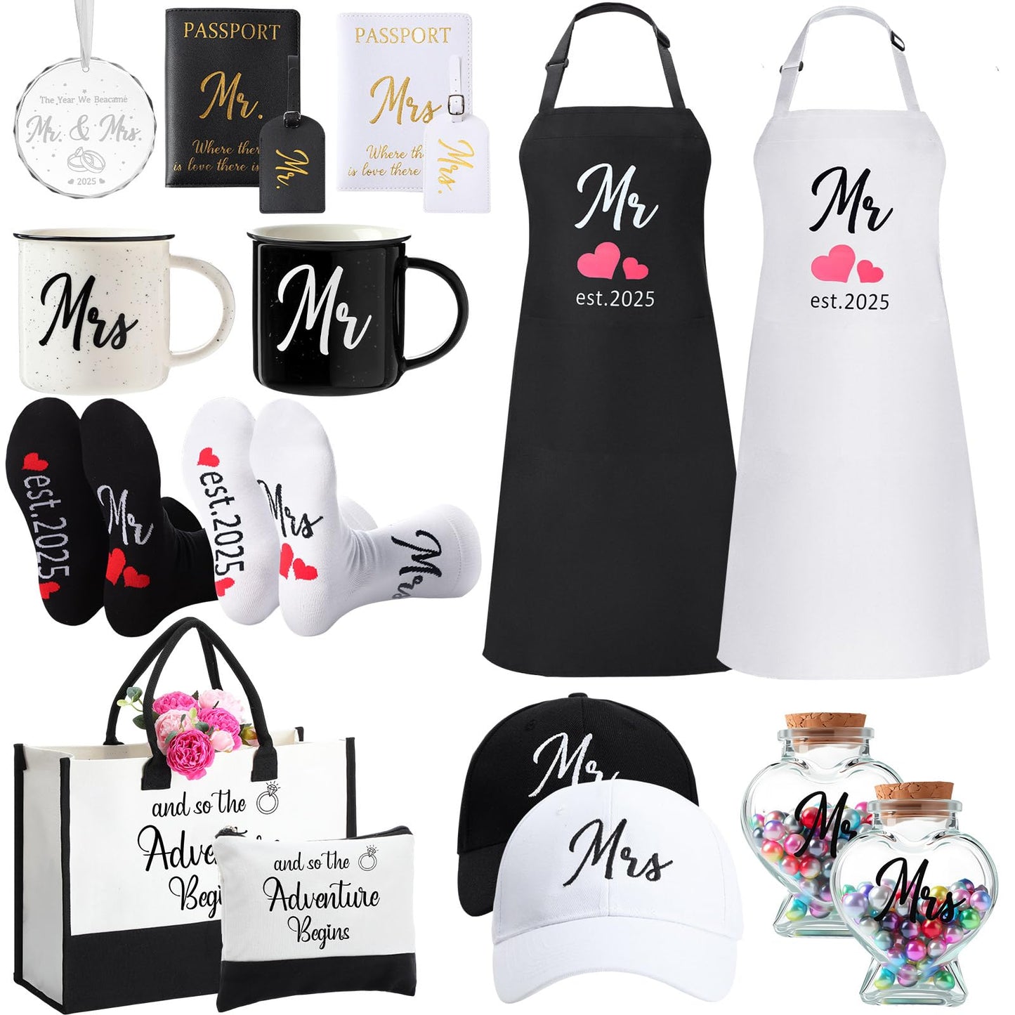 Singhoow 15 Pcs 2025 Wedding Gift Mr and Mrs Gifts for Couples Set, Mr and Mrs Aprons Wedding Honeymoon Bridal Shower Cooking Gifts Ideas for Bride Groom Engagement Anniversary Travel (Adventure)