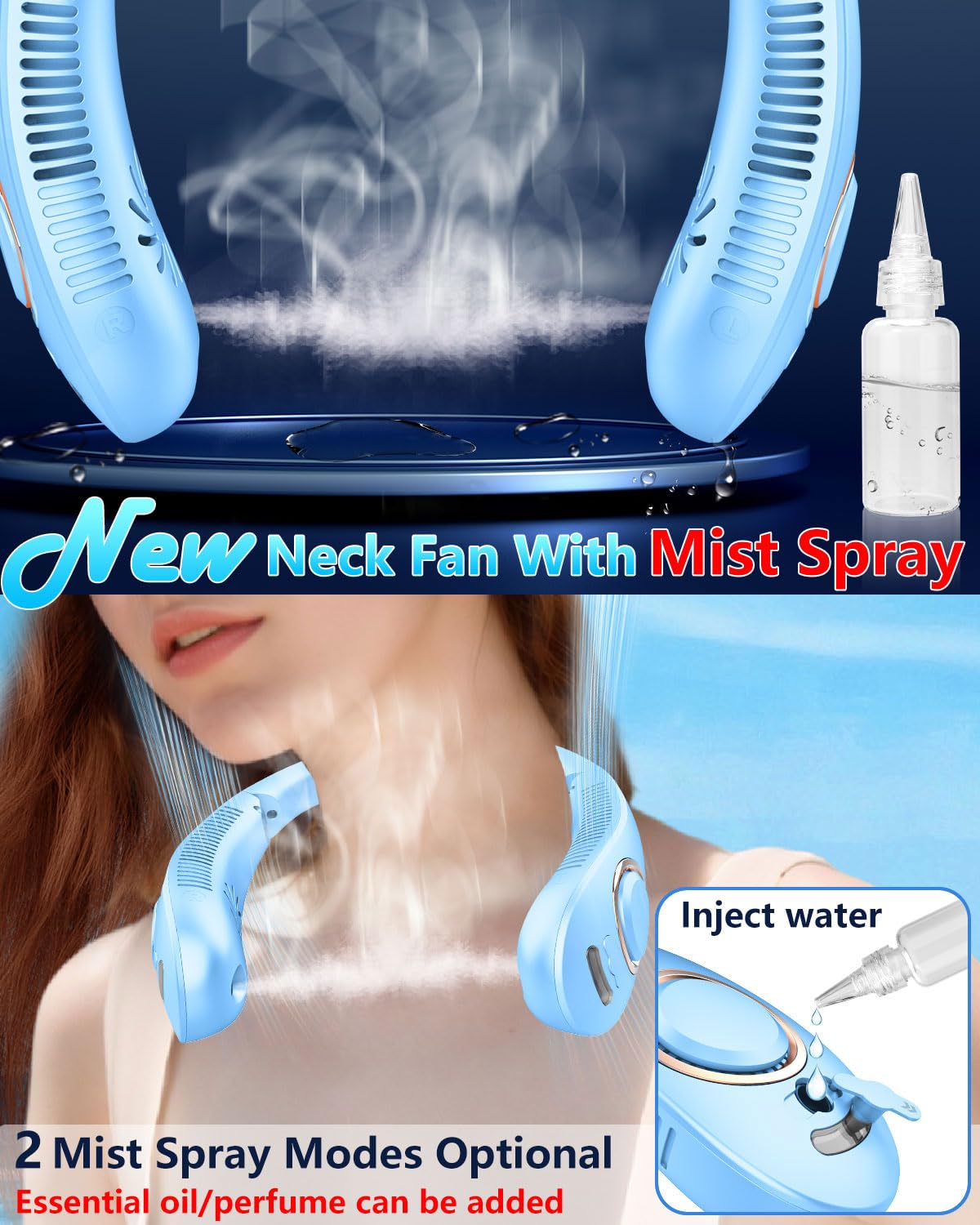 Neck Fans Portable Rechargeable,Neck Fans that Blow Cold Air,Personal Cooling Device Wearable,Mini Ventilador Portatil,Bladeless Hand Free Neck Fan USB Chargeable Hot Flash Presents for Women Men Blue