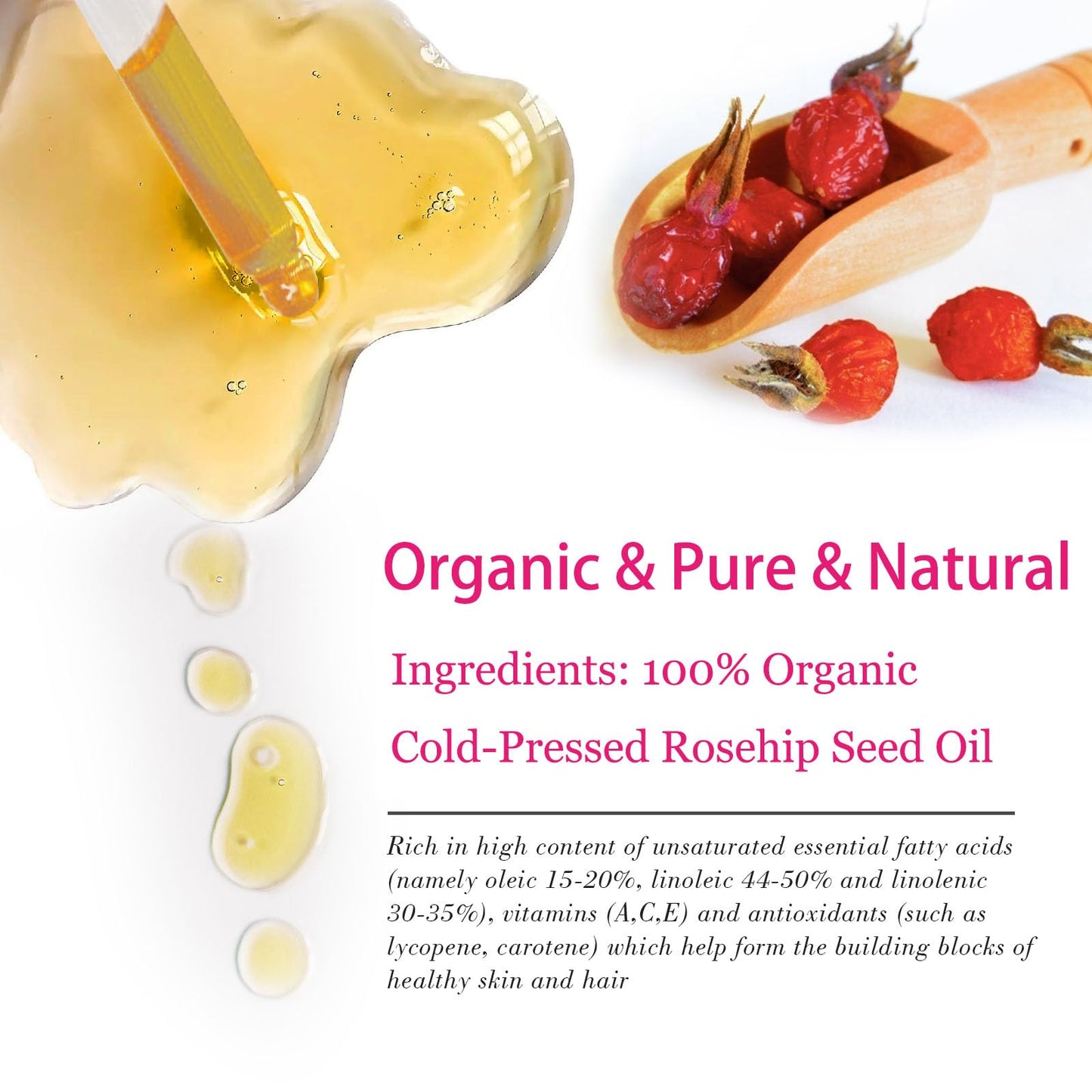 MMPANG Organic Rosehip Seed Oil for Face, USDA Certified, Cold Pressed, Unrefined, 100% Pure Natural Rose Hip Oil (1oz / 30ml) for Anti-Aging, Acne Scar Treatment, Skin & Hair Care, Gua Sha Massage