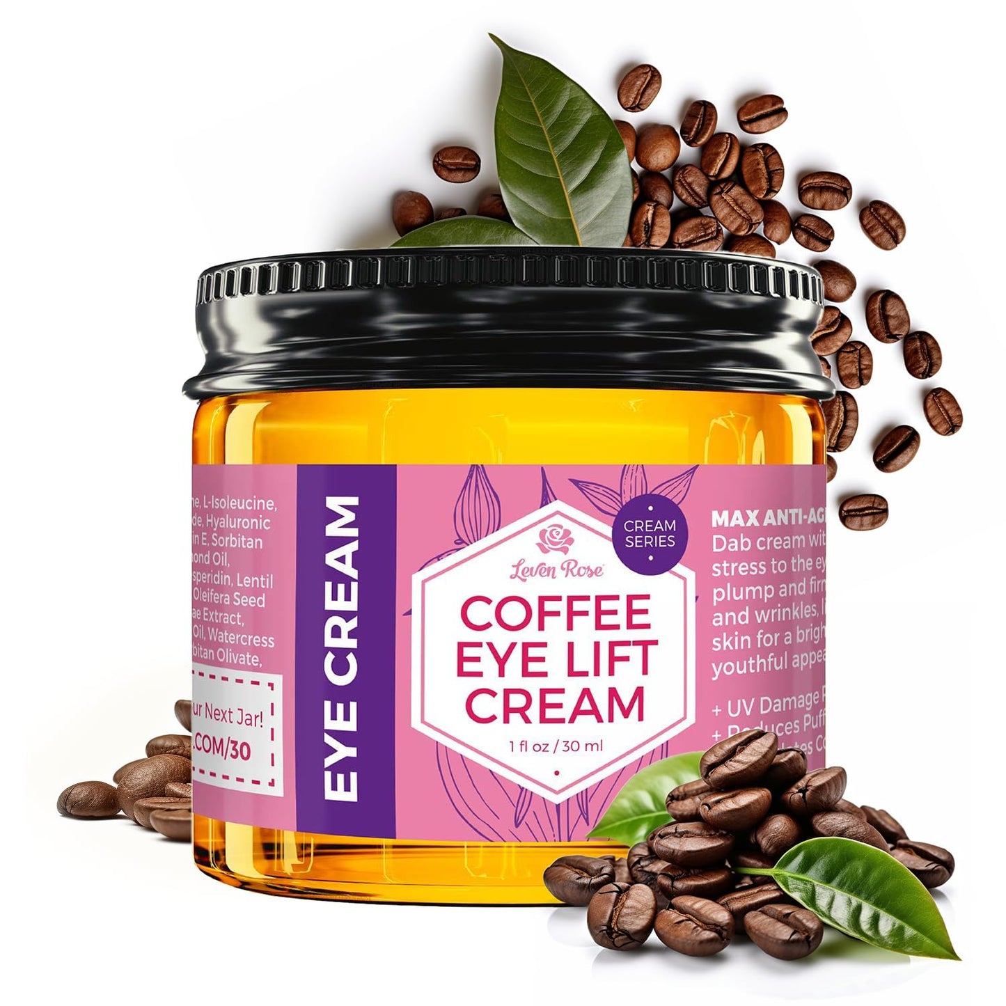 Leven Rose Lifting Coffee Eye Cream with Caffeine 1 oz - Natural Solution for Dark Circles and Puffiness - Firming Anti-Aging Under Eye Treatment