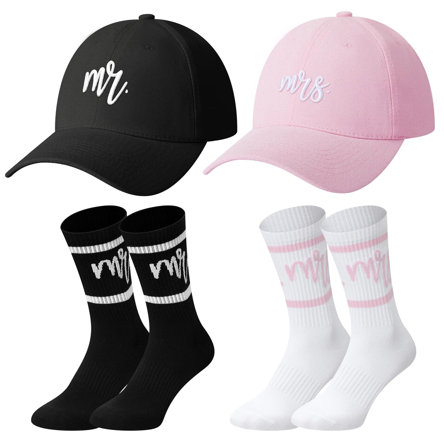 Eurzom 5 Pcs Mr and Mrs Gifts Embroidered Baseball Caps Mr and Mrs Crew Socks Bride and Broom Gift Box Set for Couples Newlywed Honeymoon Bridal Shower Engagement Wedding Favors