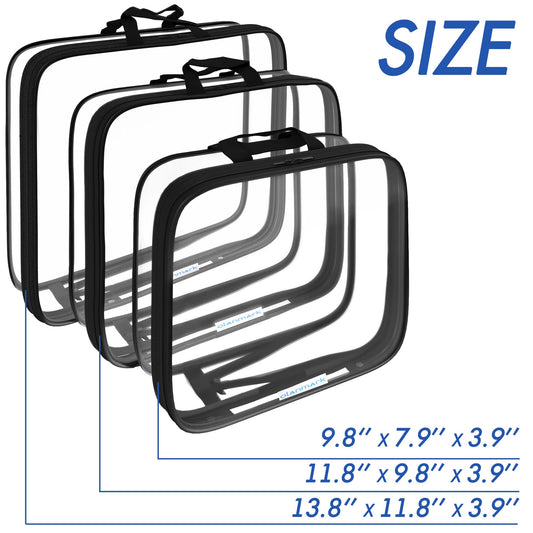Clear Compression Packing Cubes 3 Set - Large See-Through Plastic Suitcase Bags for Travel - Luggage Compressable Organizers - Transparent PVC Collapsible Cosmetic Bag for Backpack Black