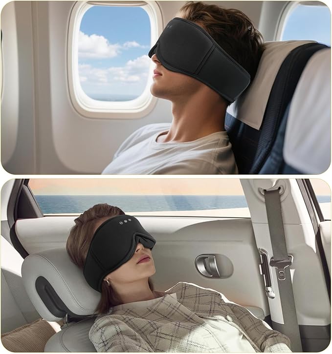 Bamboo Cotton Sleep Mask with Bluetooth Wireless Headphones - Blackout Eye Mask for Sleeping 3D Contoured Sleep Headband Ear Muffs Lengthen & Low Noise Hook for Better Experience (Black)