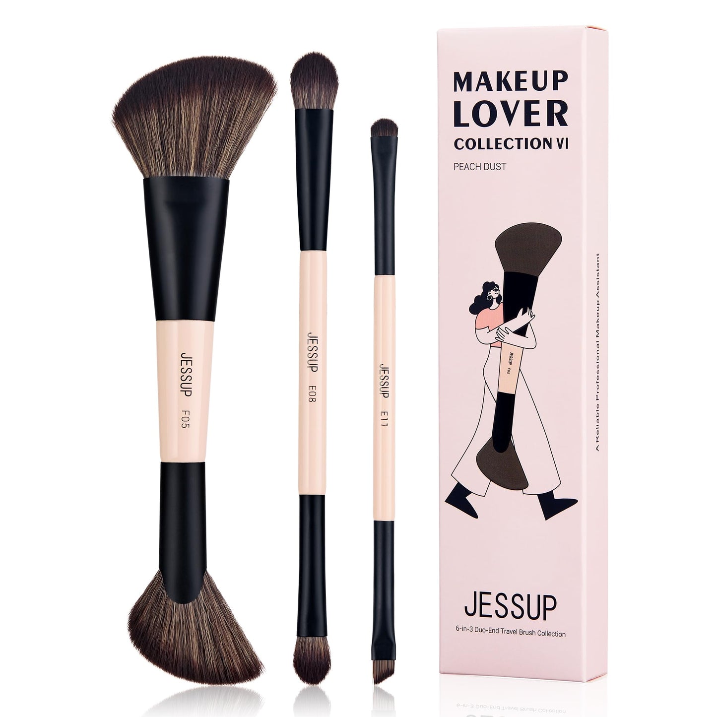 Jessup Travel Makeup Brushes Set 3pcs, Double Sided Contour Brush Dual Ended Eye Shadow Shader Eyeliner Brush, Multi-functional Makeup Set Peach Dust T507