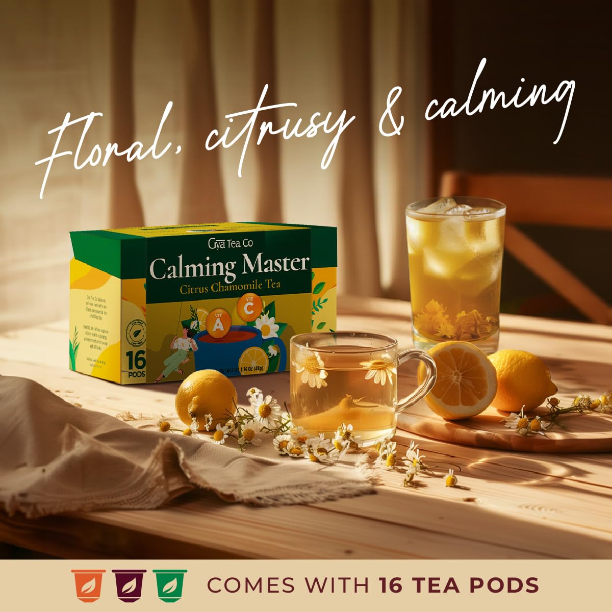 Gya Tea Co Citrus Chamomile Tea Gift Set (16 ct) - Decaf Tea Pod Rich in Vitamin A, C for Nourish & Wellness