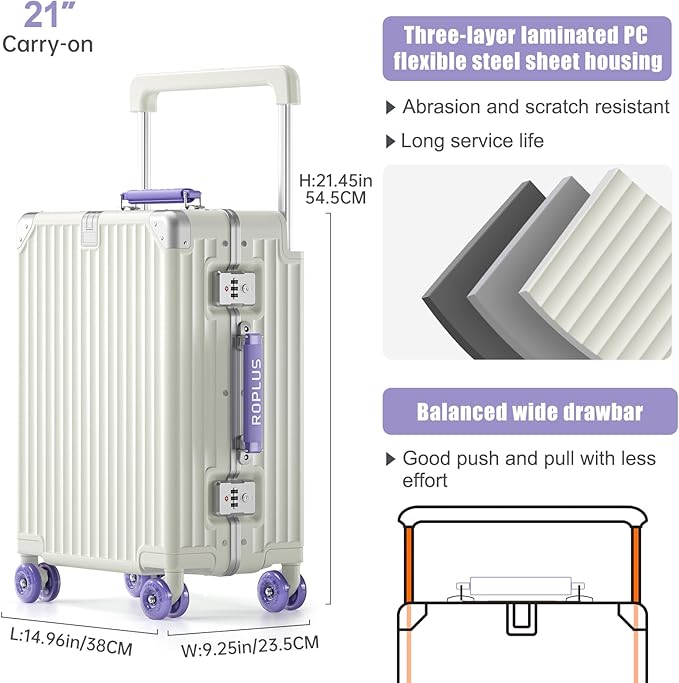 Aluminium Frame Carry on Luggage with Smooth Jelly Wheels, Hardside Zipperless Rolling Suitcase with TSA Lock (WhitePurple, 21-Inch)