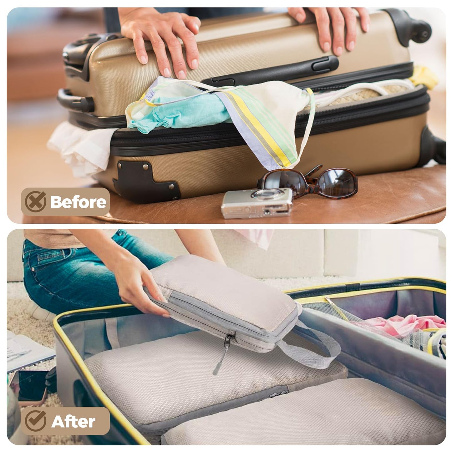 4 Set Compression Packing Cubes for Suitcase - Space-Saving Luggage Organizer Bags, Lightweight Travel Essentials for Efficient Packing (Beige)