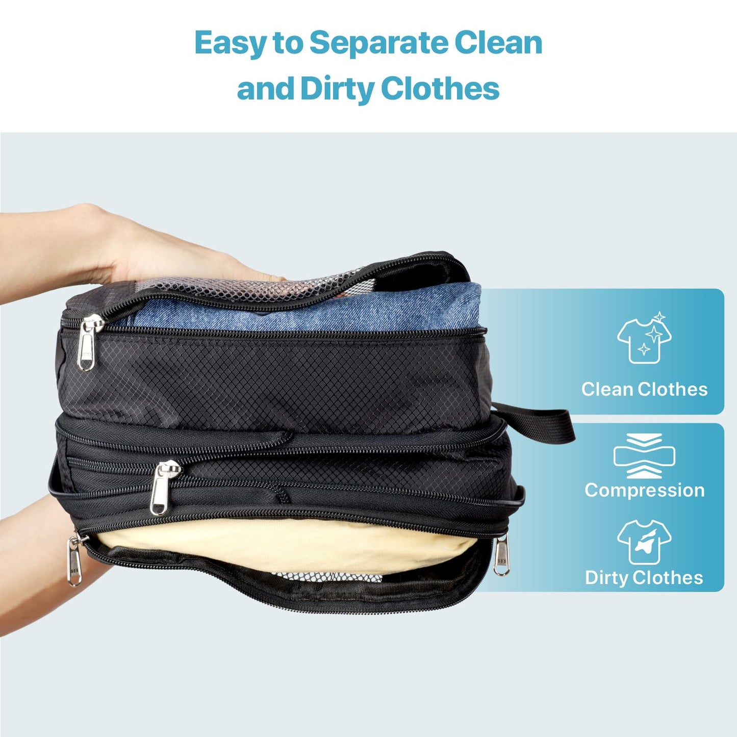 Cambond Double Sided Expandable Compression Packing Cubes - Separate Clean and Dirty Clothes See Through Mesh Compression Cubes for Travel, Efficient Packing Organizers for Road Trip, Cruise