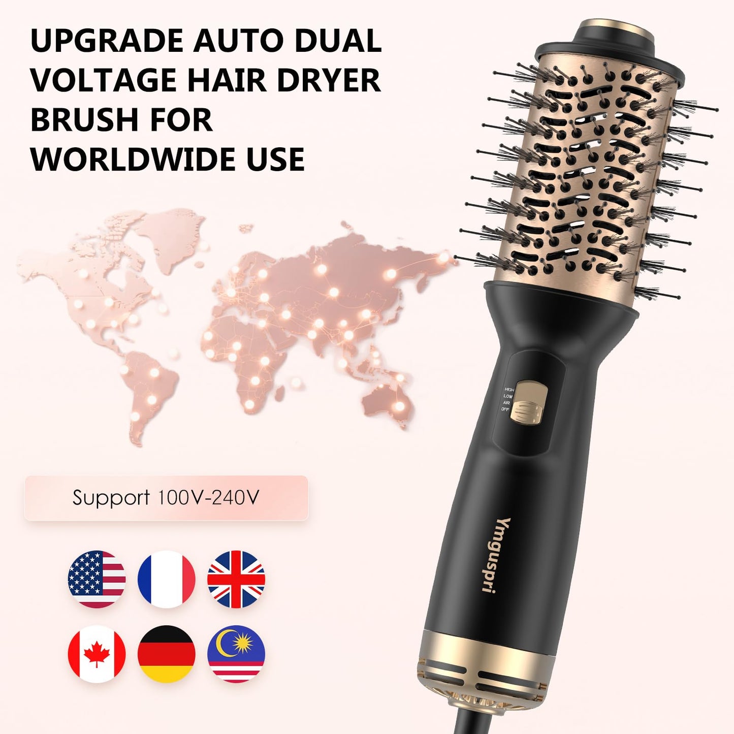 4-in-1 Dual Voltage Hair Dryer Brush, Mini Auto Blow Dryer Brush for European Travel(100-240V), 2 Inch Hot Air One Step Hair Dryer and Styler for Volumizer/Straightener/Curler with EU&UK Plug