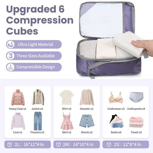 Prezon 8 Set/6 Set/4 Set Compression Packing Cubes for Travel, Lightweight Vacation Travel Essentials,Accessories for Suitcase Organizer Bags Set, Durable Luggage Organizer (6-half mesh-Purple)