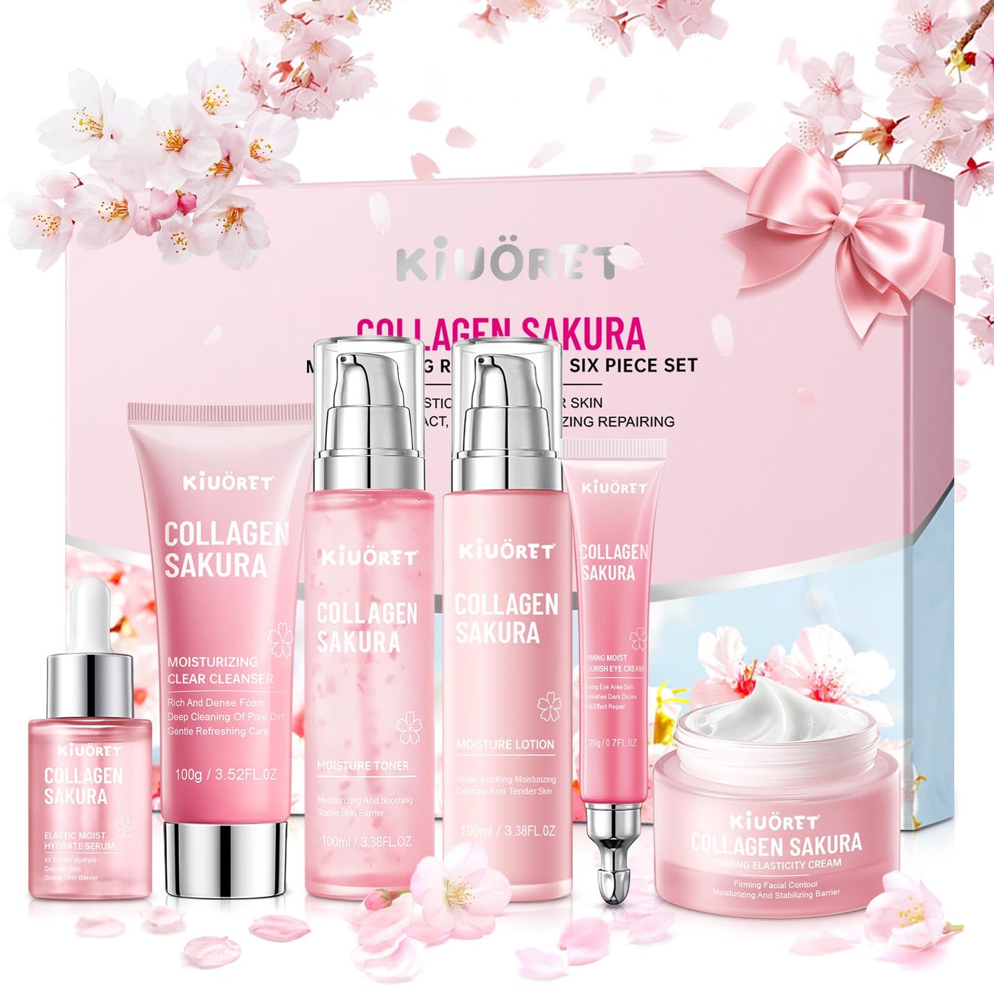 Sakura Skin Care Set - 6 PCS Cherry Blossom Skin Care Kit with Cleanser, Toner, Serum, Lotion, Eye Cream & Face Cream - Moisturizes Skin & Boosts Collagen - Korean Skin Care Set for Teen Girls & Women