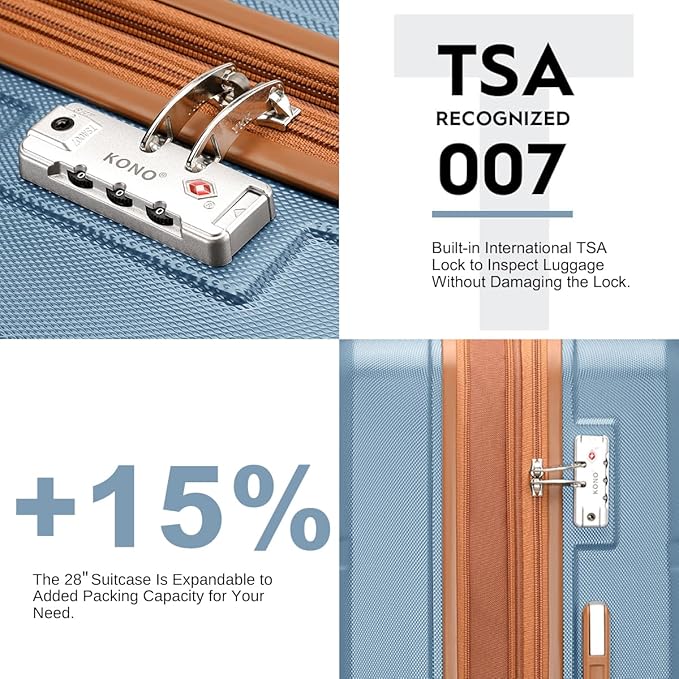 Kono 4 Piece Luggage Sets Expandable(only 28") Lightweight with Spinner Wheels TSA Lock Hardside Travel Rolling Suitcases 20in 24in 28in Carry on and 12in Mini Cosmetic Case Apricot Blue