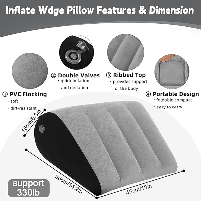 TheClover Inflatable Wedge Pillow for Sleeping - Leg Elevation, Use in Bed Back Support, Wedge Pillow for Sleep Apnea, Portable Travel Triangle Pillow, Camping, Fast Inflating Deflation (Grey)