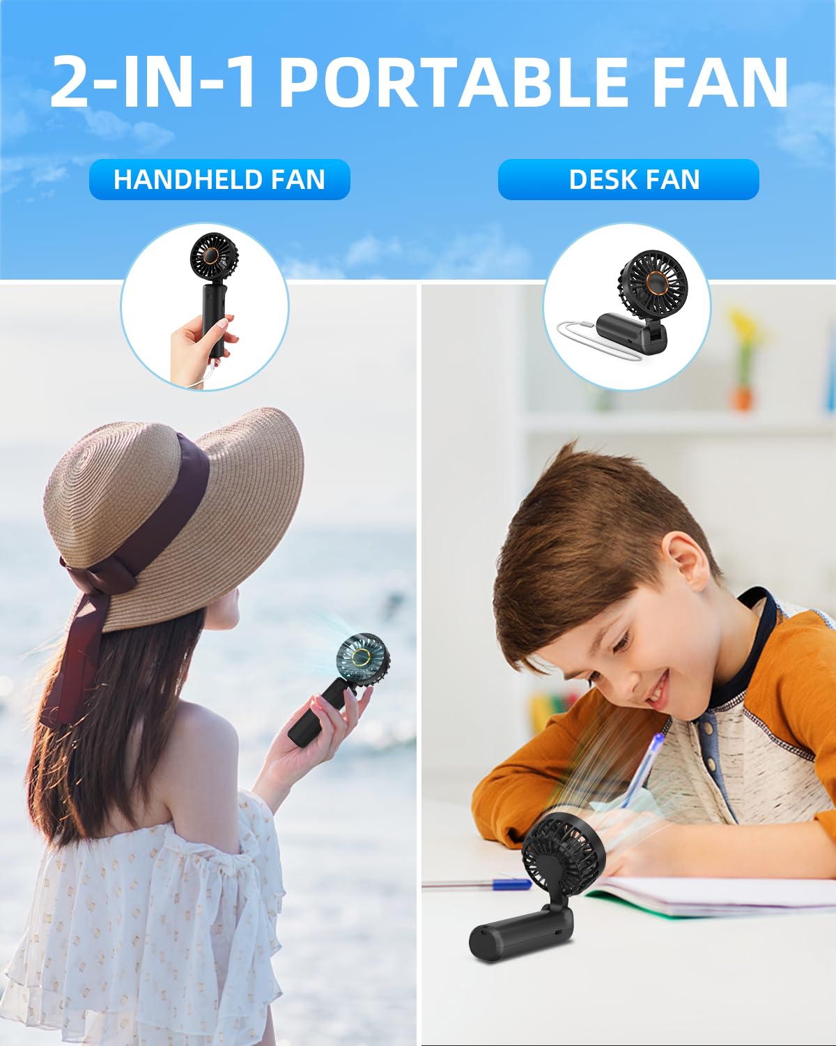 Hssio Portable Handheld Fan, Mini Desk Fan Foldable 2000mAh, 180° Ratotion, 3 Speeds, Ultra Quite, Up to 8H Long Use Time, Small Personal Cooling Fans Makeup Lash Fan for Women Girls