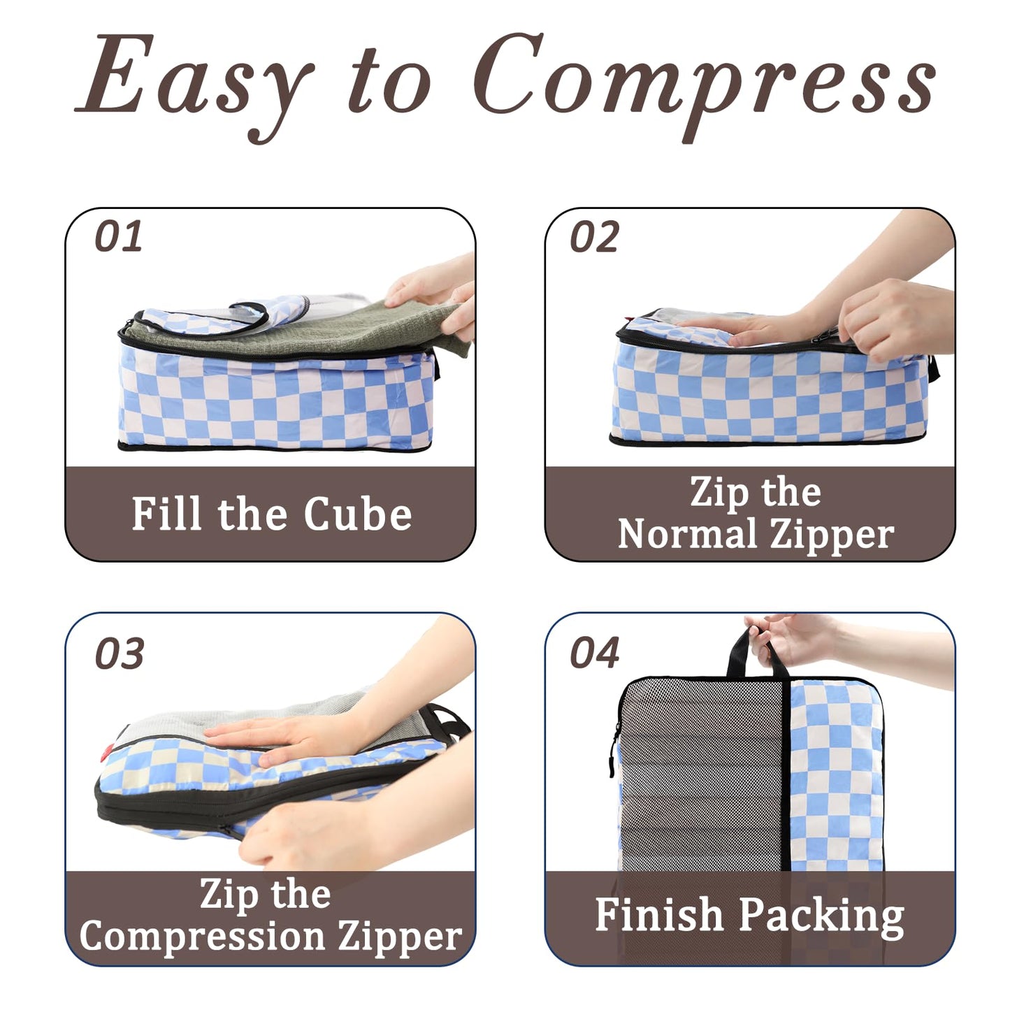 U+U 4 Set Compression Packing Cubes - Ultralight Travel Organizers, Space-Saving Suitcase Organizer, Expandable Packing Cubes for Travel, Business Trip and Family Vacation (Blue Checkered)