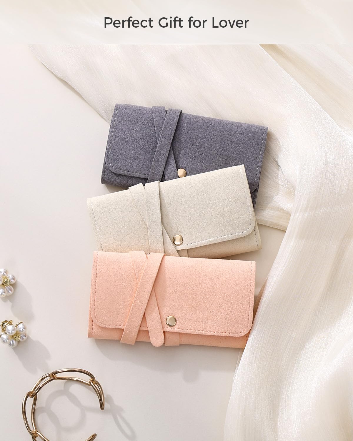 CASEGRACE Travel Jewelry Organizer Roll, Portable Velvet Jewelry Storage Roll Earring Organizer Bag, Jewelry Pocket for Necklaces, Rings, Earrings (Gray)