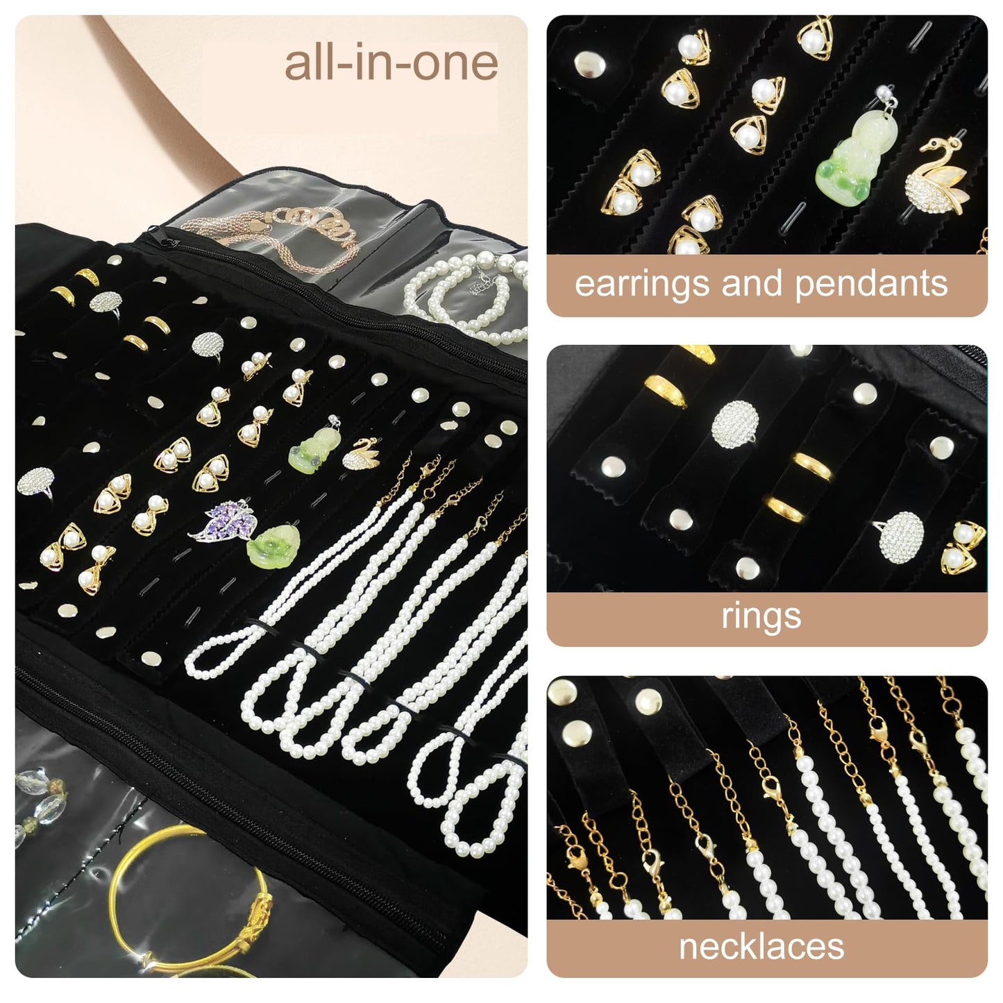 SCIKHEFT Velvet Travel Jewelry Case Roll Bag Organizer for Necklace Bracelet Earrings Ring (Black)