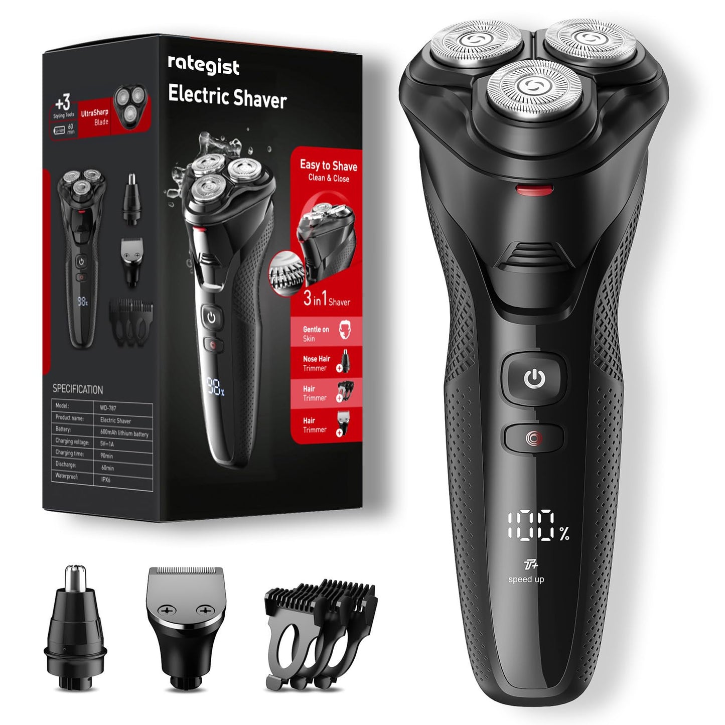 rategist Cordless Electric Razor for Men: 3-in-1 Shaver for Beard/Nose/Sideburns - IPX7 Waterproof Travel Kit - Turbo Speed & Precision Blades, Texture Black