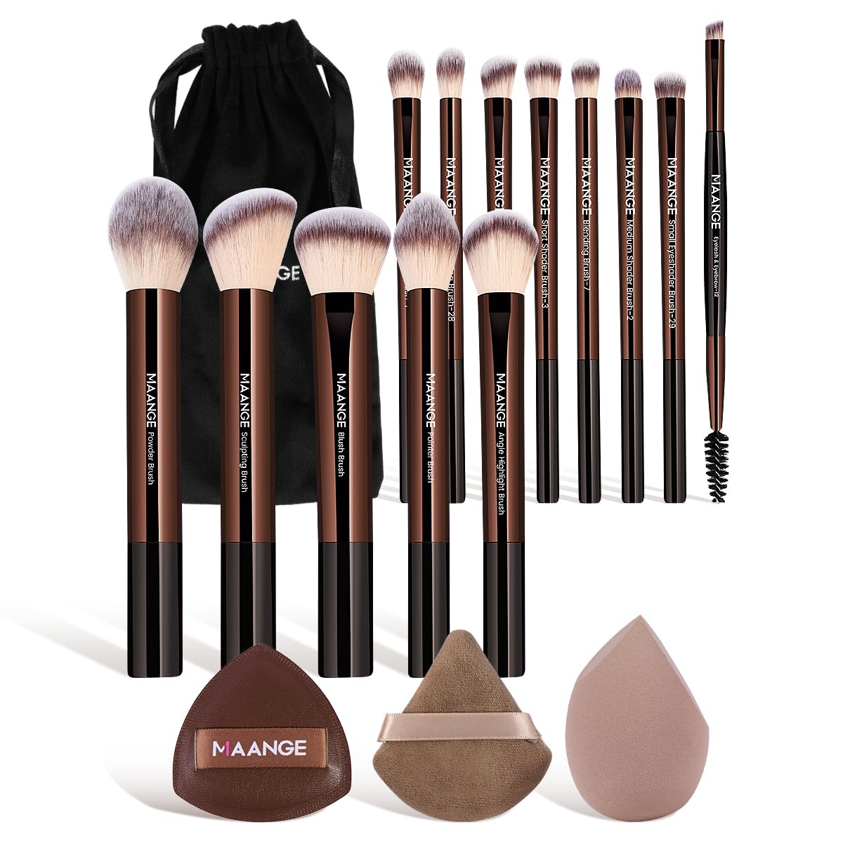 MAANGE 16PCS Makeup Brush Set Travel Makeup Brushes for Liquid Powder Contour Concealer Cream Cosmetics Blending Eyeshadow Eyeliner (Coffee)
