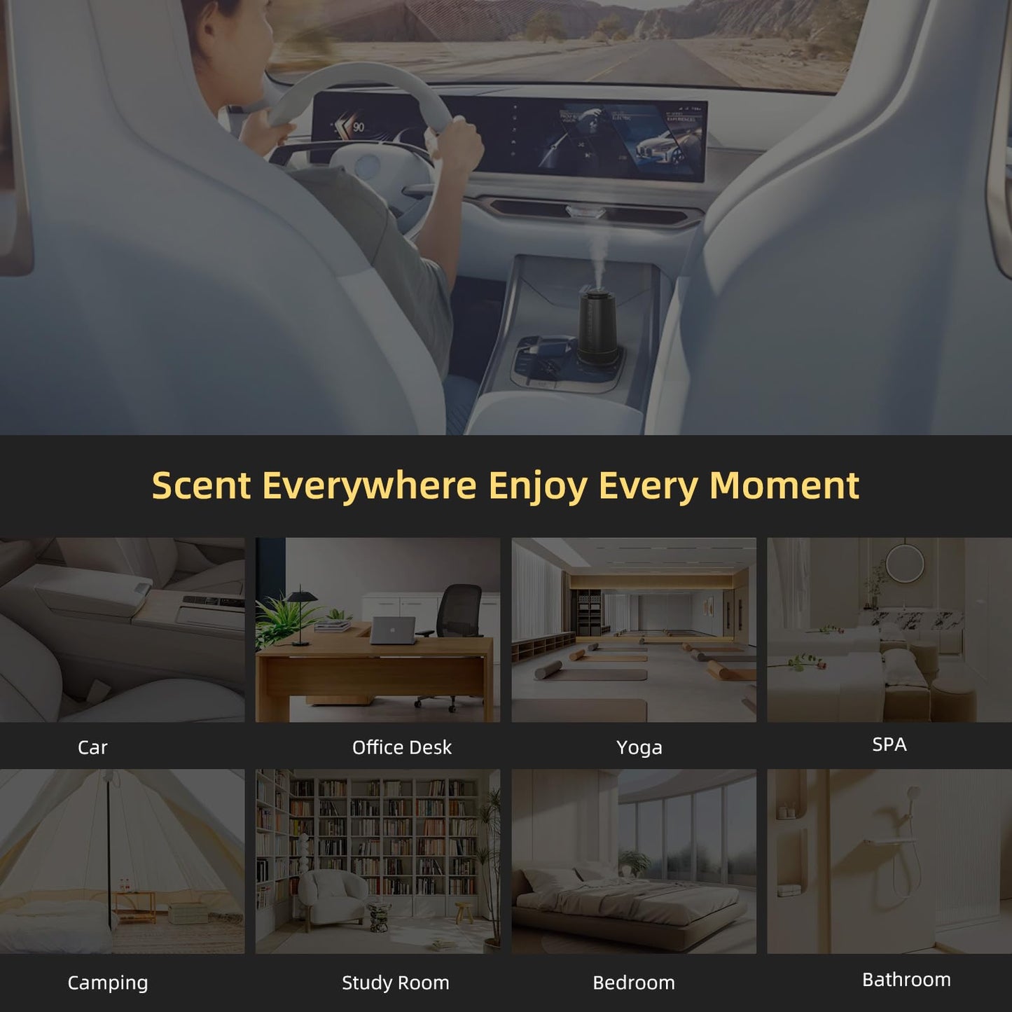 2ndAroma Waterless Oil Diffuser, Portable Car Diffusers for Essential Oils, Wireless Diffusers with 3 Mist Levels & Timer, ABS Material, Starry Night Light for Car Home Office, Includes 3 Scent Oils