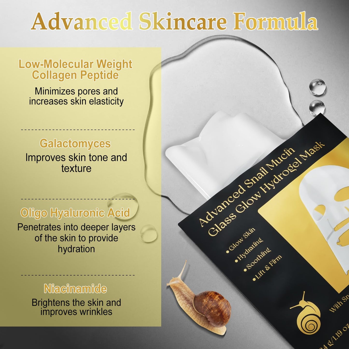 Advanced Snail Mucin Glass Glow Hydroge, Face Masks Skincare 6 EA, Collagen Face Mask, Snail Mucin Sheet Mask, Travel Essentials, Face Masks for Dry, Sensitive Skin, Korean Skin Care