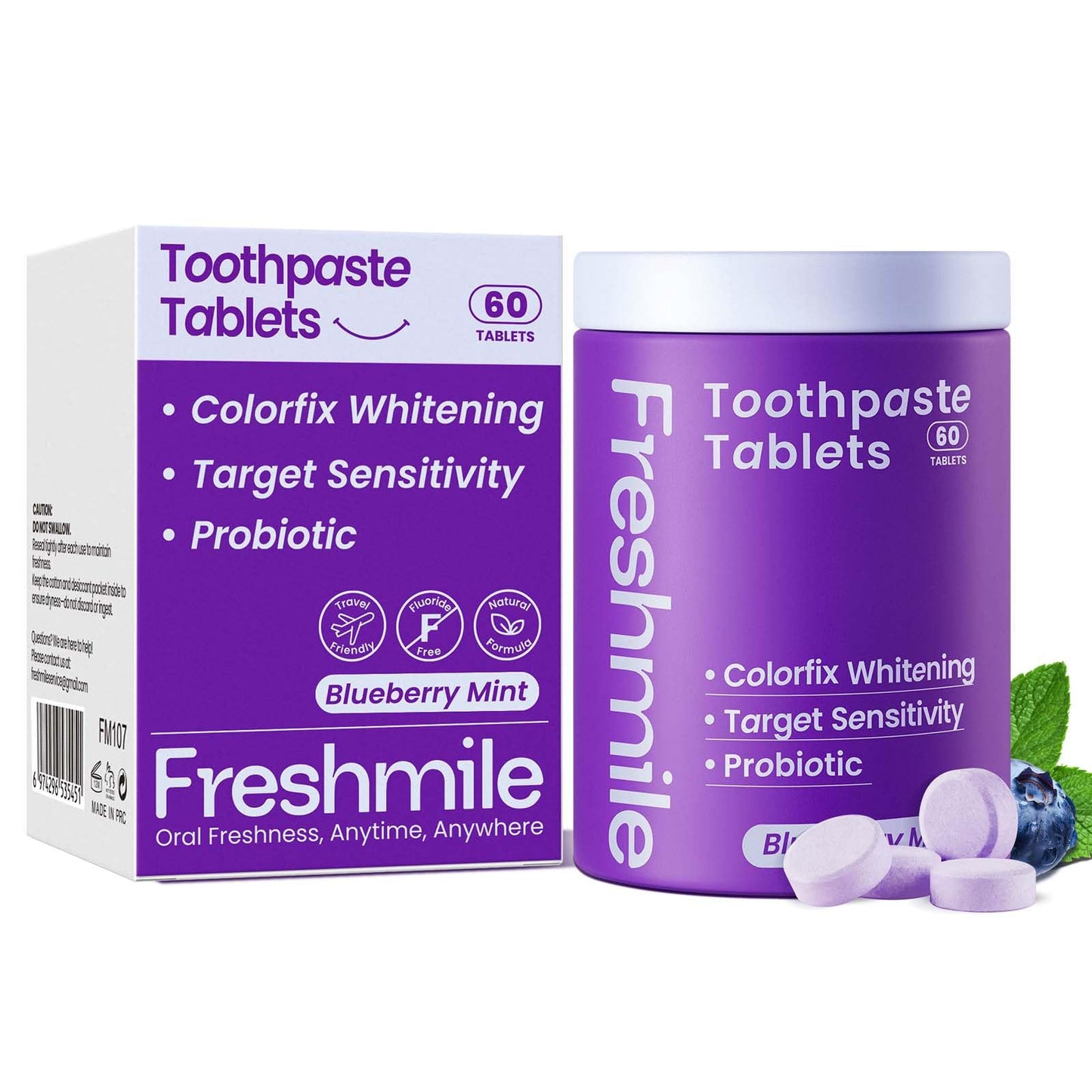 Freshmile Whitening Toothpaste Tablets with Nano-Hydroxyapatite (NHA) Purple Toothpaste for Teeth Whitening Fluoride-Free, for Sensitive Teeth & Gums, Travel-Friendly Tabs (60 Count)