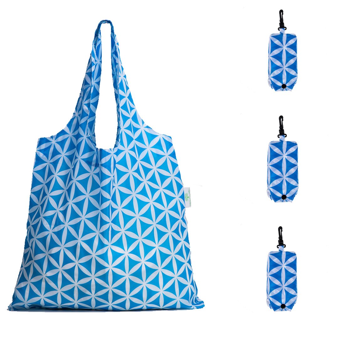 HOLYLUCK Reusable Grocery Bags,Heavy Duty Foldable Shopping Tote Bag (Standard, 3 Blue Geometric Flowers)