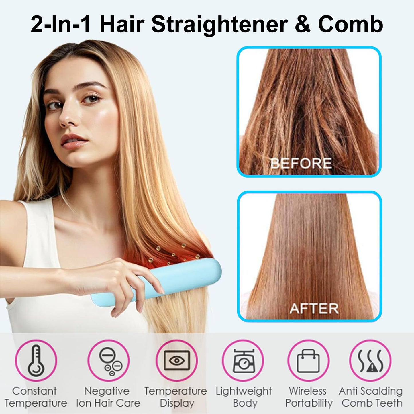 Go Brush Pro 2025 New Cordless Hair Straightener Brush - 199 Million Negative Ions, Compact & Travel-Friendly with LED Display, 4000mAh Rechargeable, Anti-Scald Mini Hot Comb for Women (Blue)