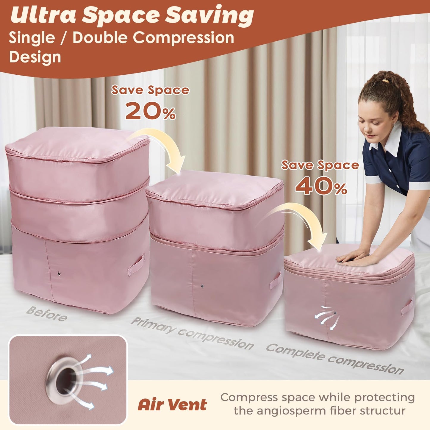 Ultra Space Saving Self Compression Organizers, 2 Pack Double Zipper Compression Packing Cubes for Bedding, Comforter Storage Bag for Blankets Duvet Quilts Pillows Queen King (Gray, X-Large)