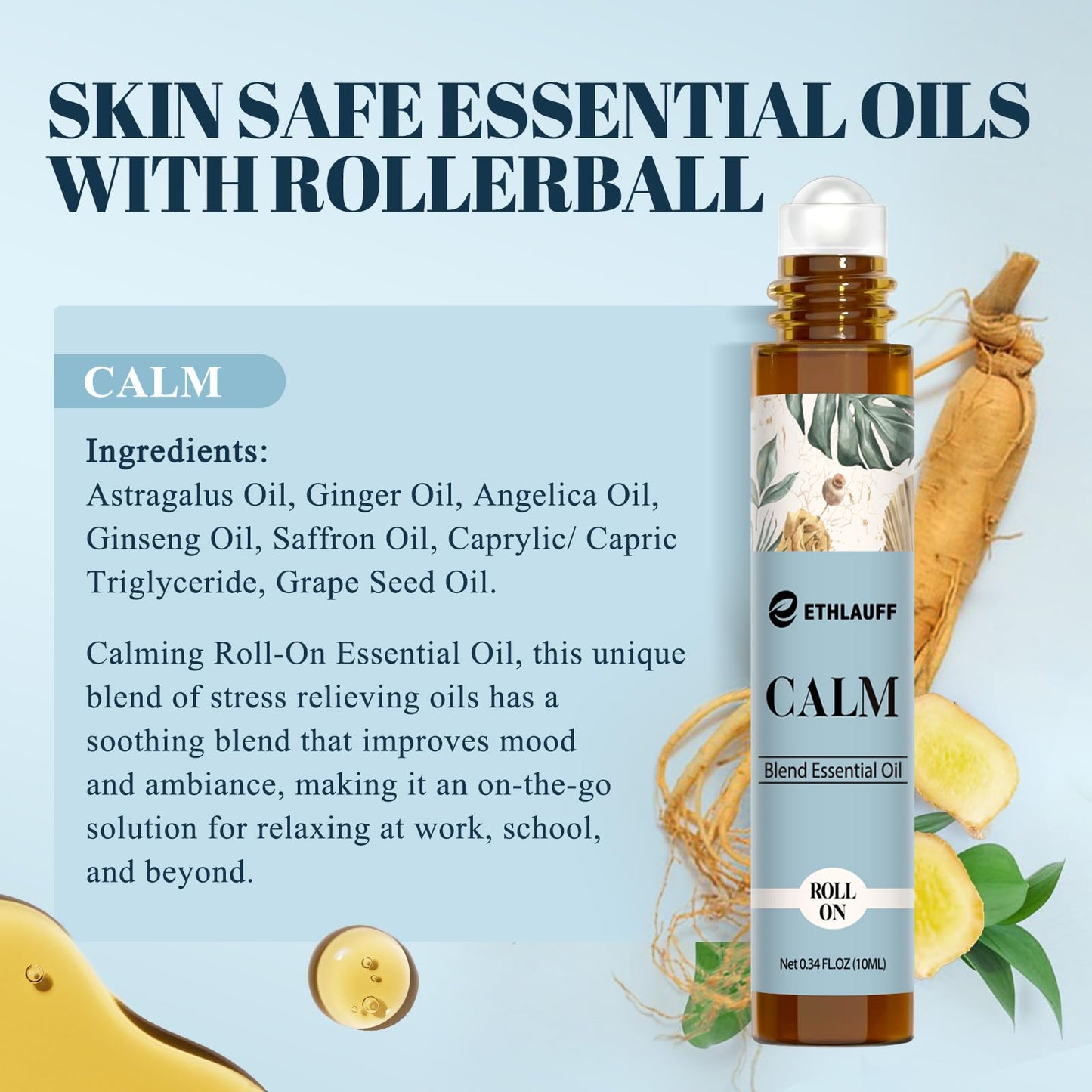 Calm Essential Oil Roll On, Aromatherapy Roll On Oil Blends for Stress Relief, Massage, Self Care Relaxation Gift