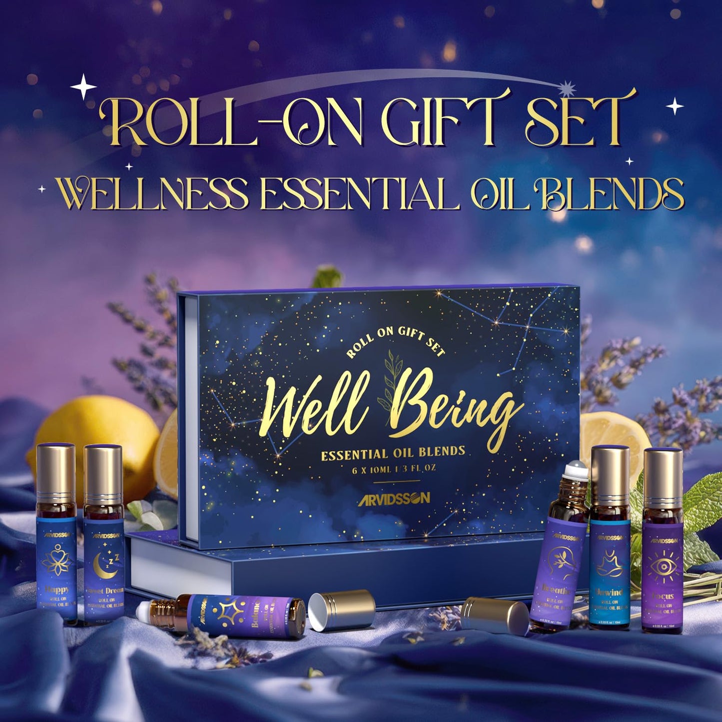 Essential Oils Roll On Set, Natural Aromatherapy Oil Roller for Body, Skin, Massage, Essential Oil Blends - Sweet Dream, Unwind, Breahte, Balance, Focus, Happy, Gifts for Women
