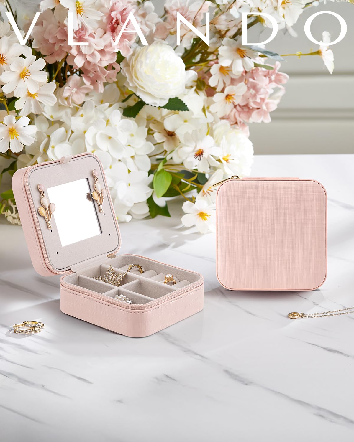 Vlando Mothers Day Gifts - Small Travel Jewelry Box Organizer -Jewelry Display Case for Girls Women Bridesmaid Gift Rings Earrings Necklaces Storage with Mirror Pink
