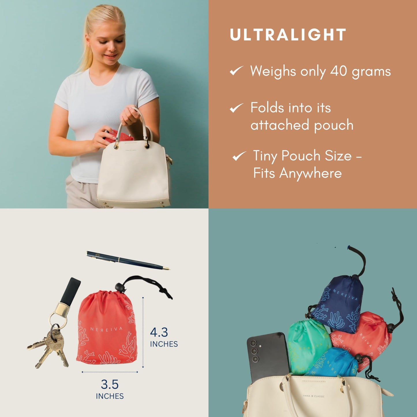 Nereiva 55 Pound Reusable Shopping Bag Coral Pink - Foldable into a Small attached Pouch - Reinforced Handles - Washable Reusable Grocery Bag, Durable Packable Tote for Travel, Shopping and Groceries.