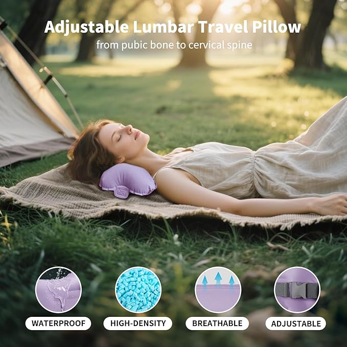 Mixtrend Travel Lumbar Pillow Inflatable Lumbar Support Pillow with Memory Foam, Back Support Pillow for Airplane Long Flight, Essential Travel Support Pillow for Women Men Kids(Lavender)