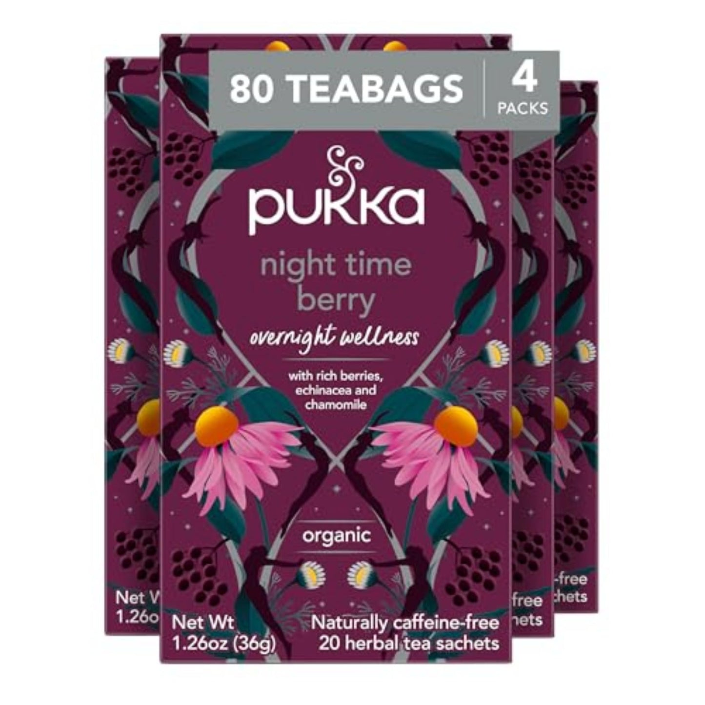 Pukka Night Time Berry Organic Herbal Tea, Soothing Infusion With Chamomile, Lavender & Elderberry, Tea Gift Set For Bedtime Relaxation, Caffeine Free, 80 Total Bags (20ct - Pack of 4)