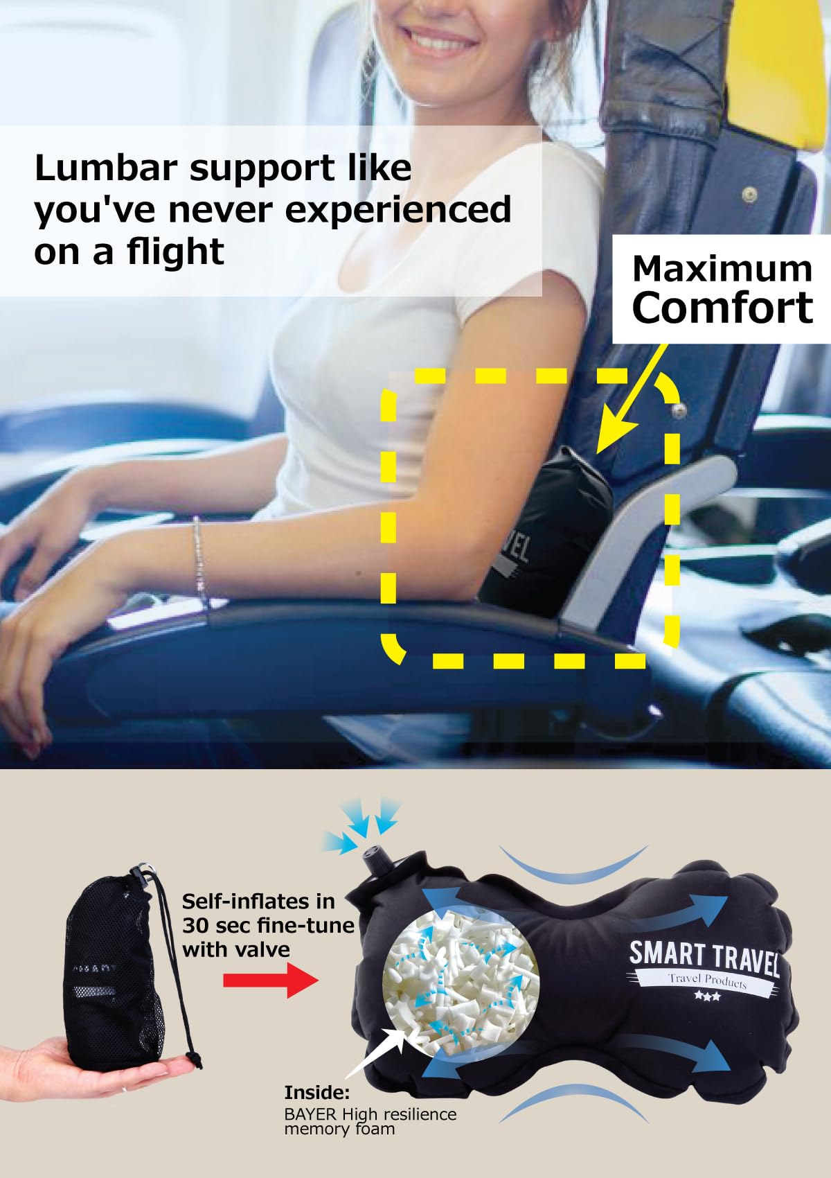 SmartTravel Travel Products Lumbar Pillow Inflatable Lumbar Support Pillow Travel Pillows for Airplane Long Flight Essential for Women Men Kids
